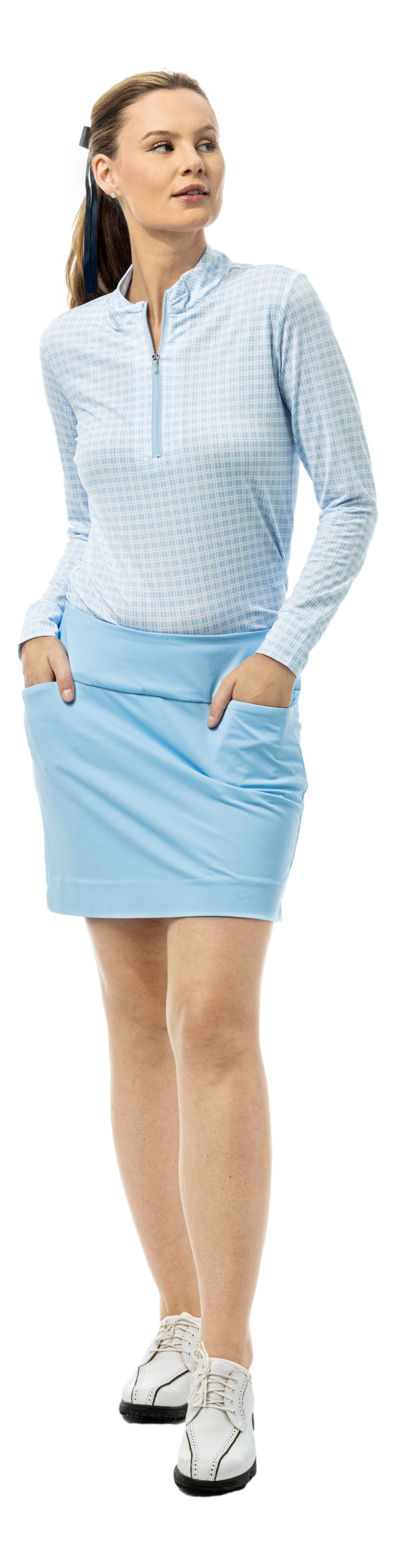 SanSoleil SOLMELANGE 1/4 zip print long sleeve shirt with Crossroads Malibu blue pattern, stylish casual wear.