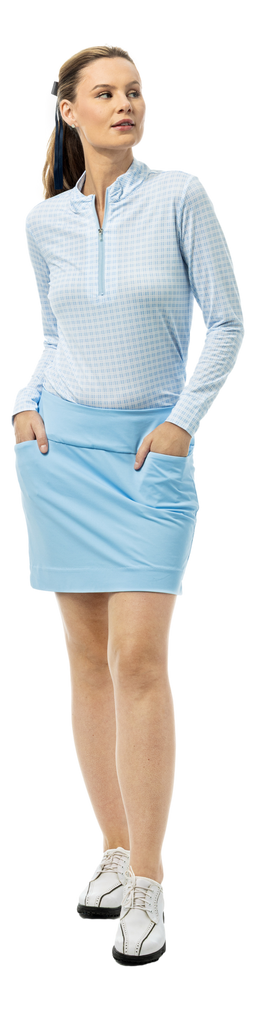 SanSoleil SOLMELANGE 1/4 zip print long sleeve shirt with Crossroads Malibu blue pattern, stylish casual wear.