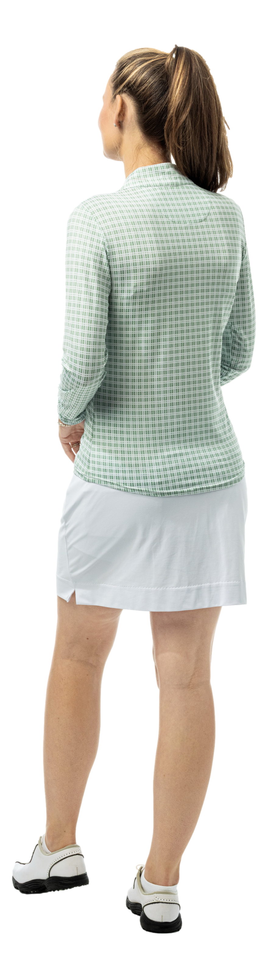 SanSoleil SOLMELANGE 1/4 zip print mock long sleeve shirt with Crossroads Moss pattern and Melange design.