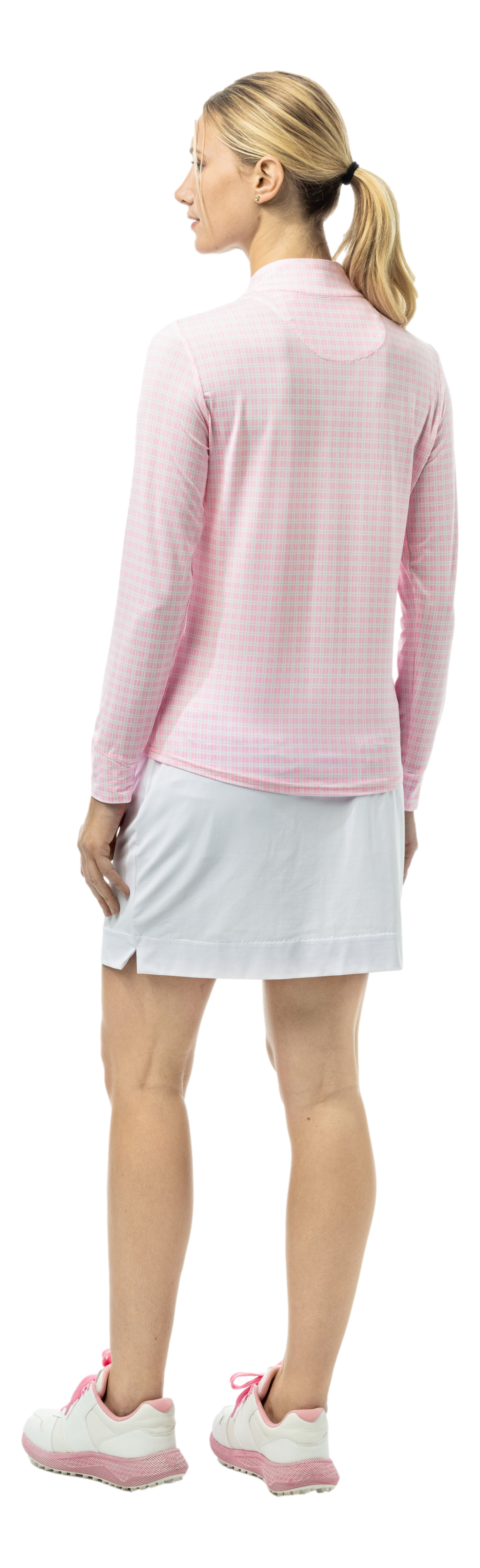 SanSoleil SOLMELANGE 1/4 zip print long sleeve top with Crossroads Rose Quartz pattern, featuring colorful abstract print design.