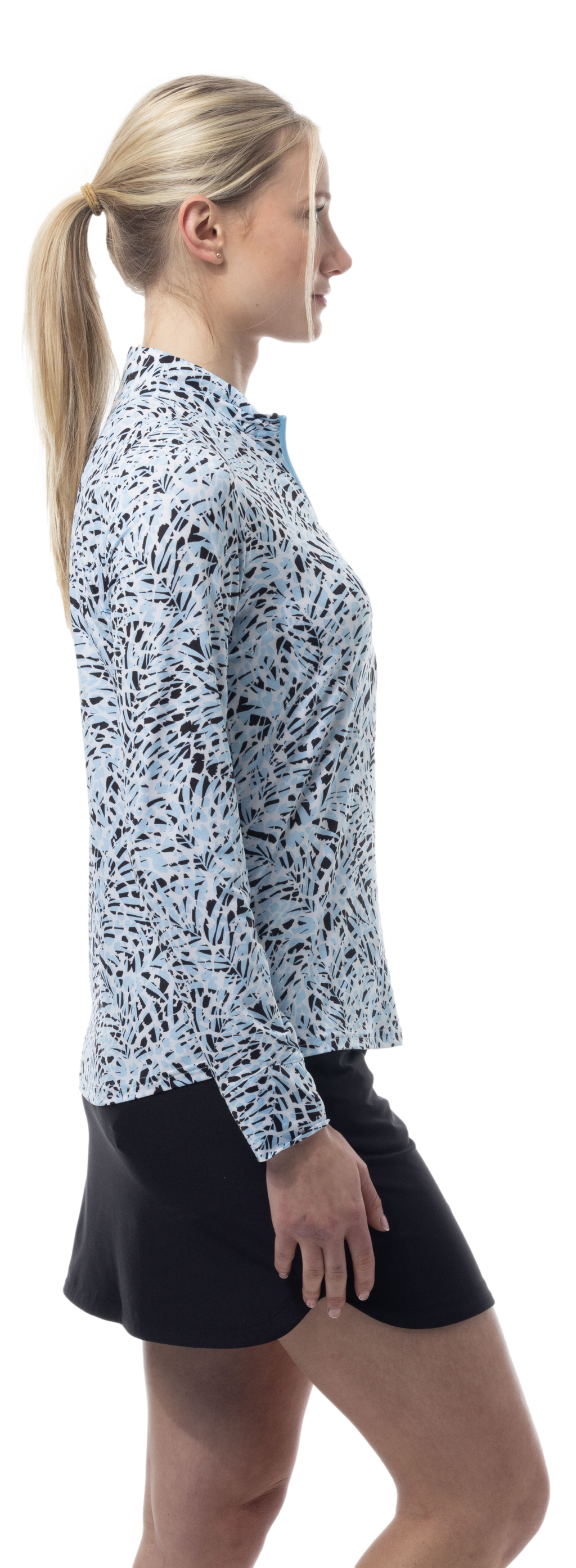 SANSOLEIL SOLMELANGE 1/4 ZIP PRINT MOCK. JUNGLE CAT. BLUE 900453P - SanSoleil