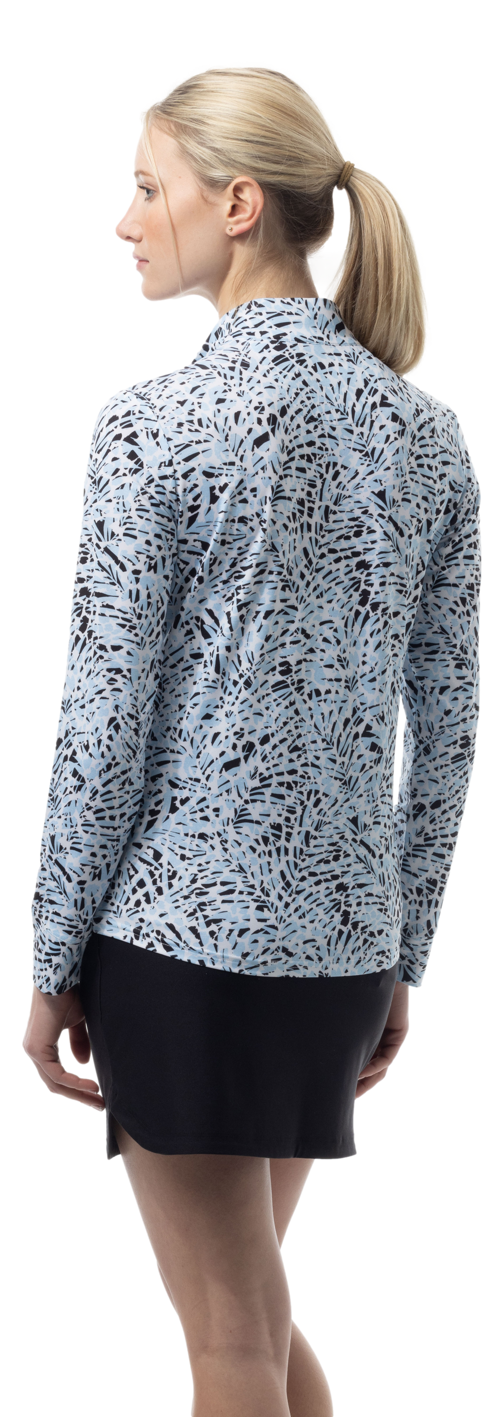 SANSOLEIL SOLMELANGE 1/4 ZIP PRINT MOCK. JUNGLE CAT. BLUE 900453P - SanSoleil
