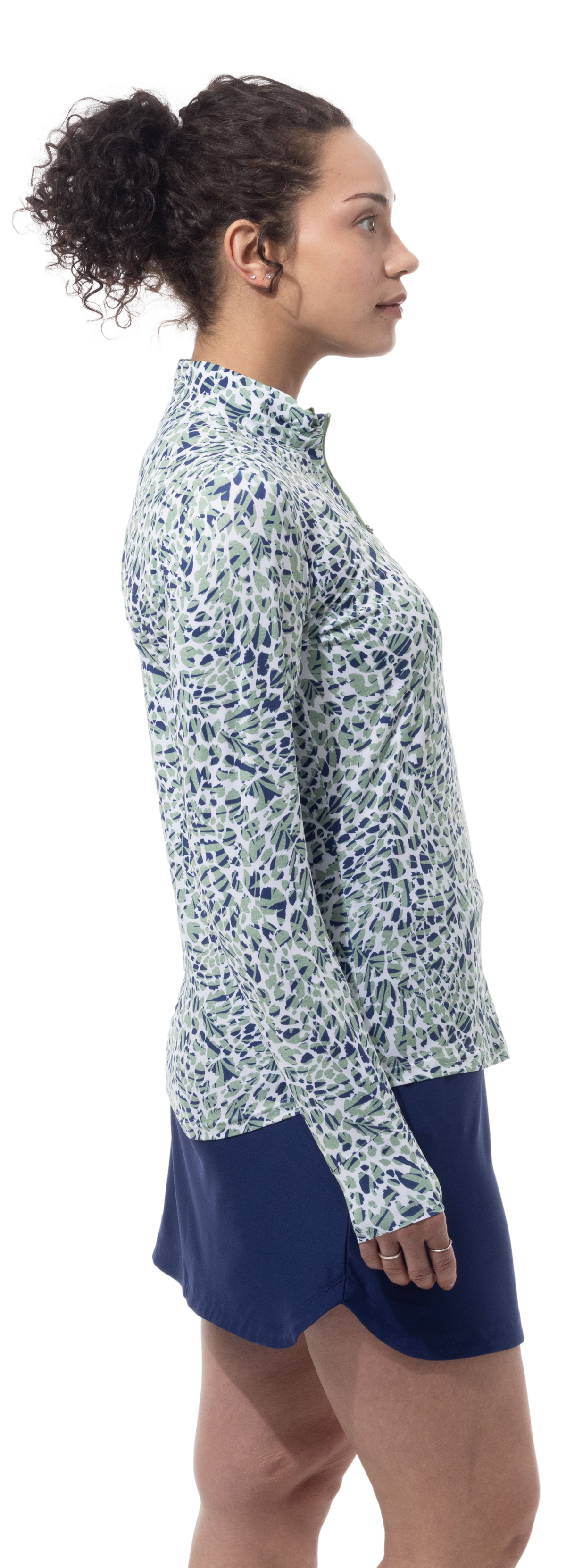 SANSOLEIL SOLMELANGE 1/4 ZIP PRINT MOCK. JUNGLE CAT. MOSS.  900453P - SanSoleil