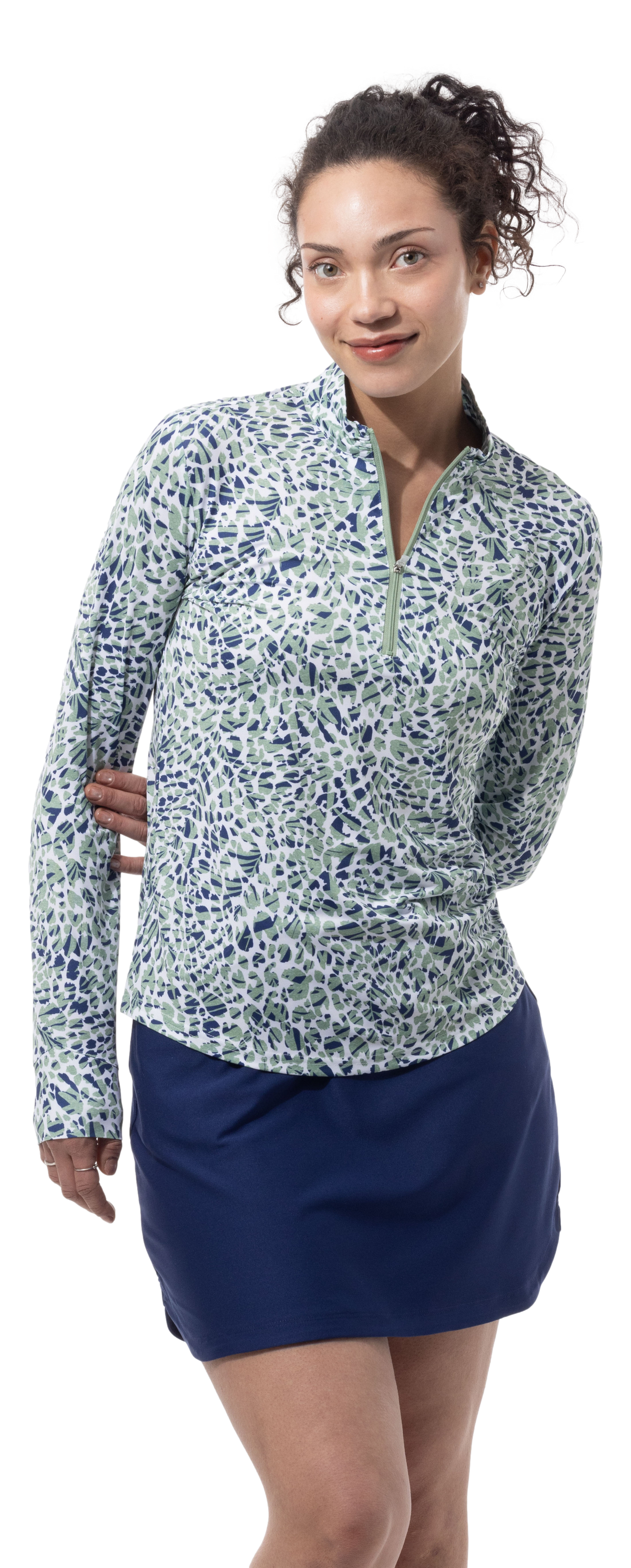 SANSOLEIL SOLMELANGE 1/4 ZIP PRINT MOCK. JUNGLE CAT. MOSS.  900453P - SanSoleil