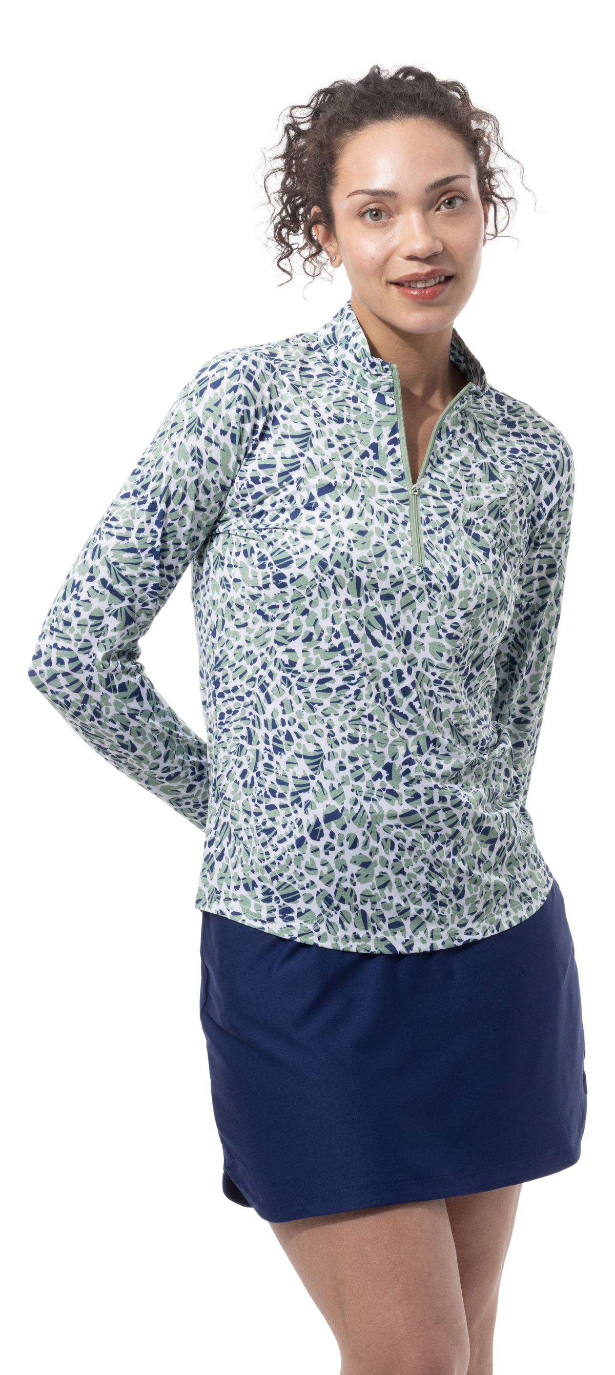 SANSOLEIL SOLMELANGE 1/4 ZIP PRINT MOCK. JUNGLE CAT. MOSS.  900453P - SanSoleil