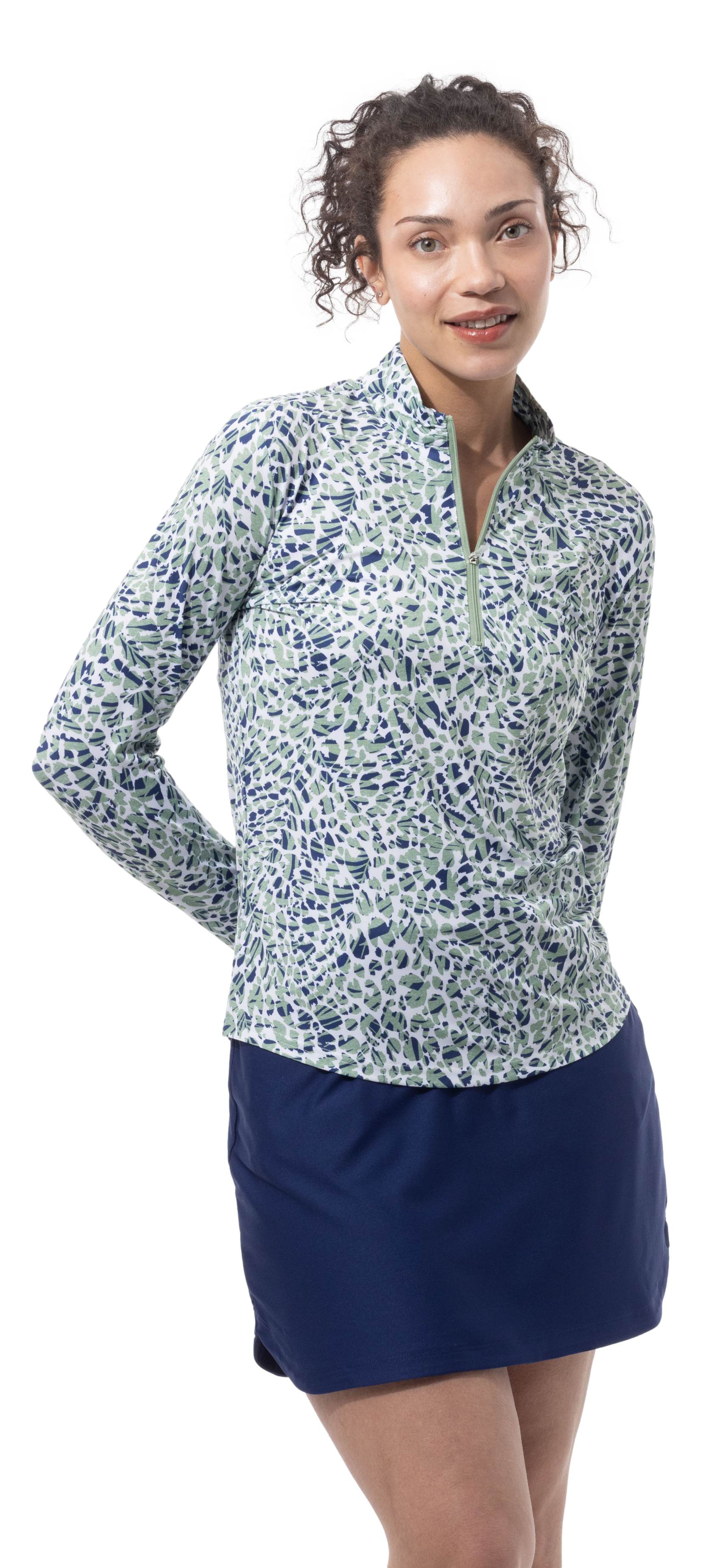 SANSOLEIL SOLMELANGE 1/4 ZIP PRINT MOCK. JUNGLE CAT. MOSS.  900453P - SanSoleil