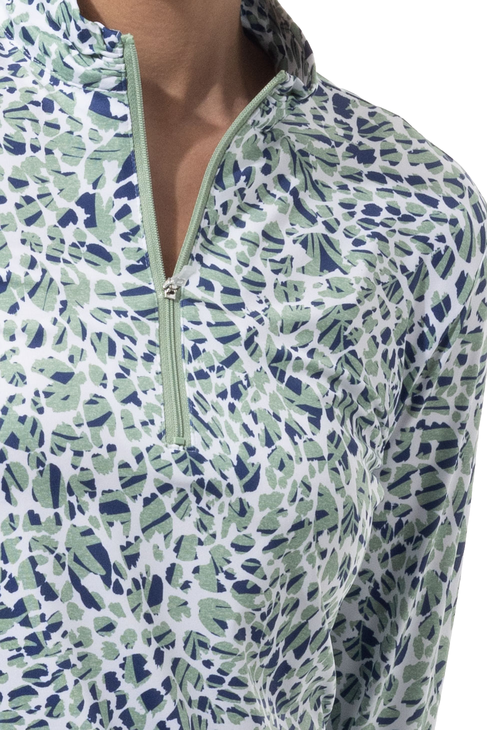 SANSOLEIL SOLMELANGE 1/4 ZIP PRINT MOCK. JUNGLE CAT. MOSS.  900453P - SanSoleil