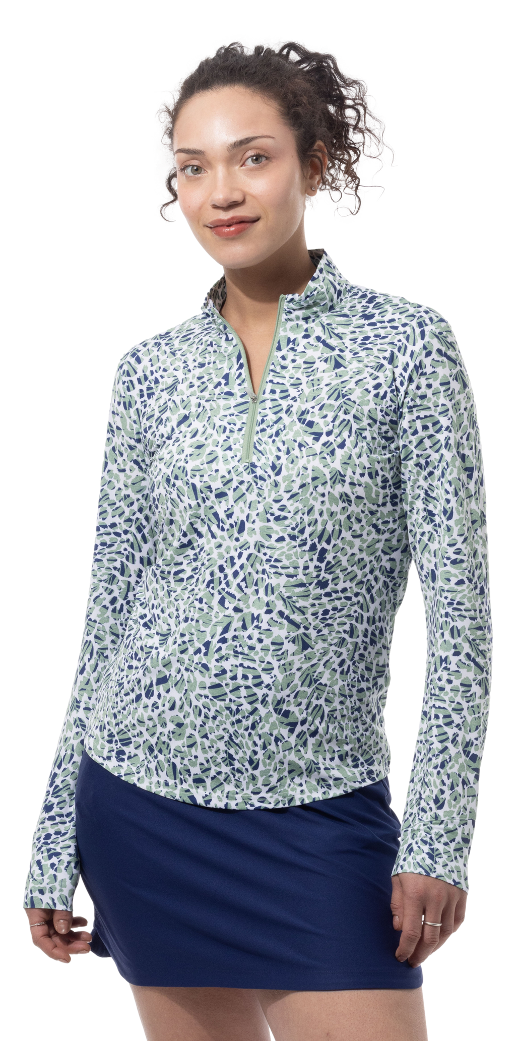 SANSOLEIL SOLMELANGE 1/4 ZIP PRINT MOCK. JUNGLE CAT. MOSS.  900453P - SanSoleil