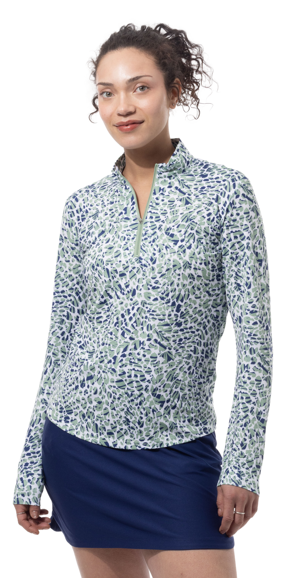 SANSOLEIL SOLMELANGE 1/4 ZIP PRINT MOCK. JUNGLE CAT. MOSS.  900453P - SanSoleil