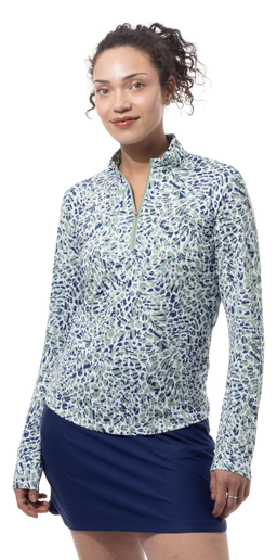SANSOLEIL SOLMELANGE 1/4 ZIP PRINT MOCK. JUNGLE CAT. MOSS.  900453P - SanSoleil