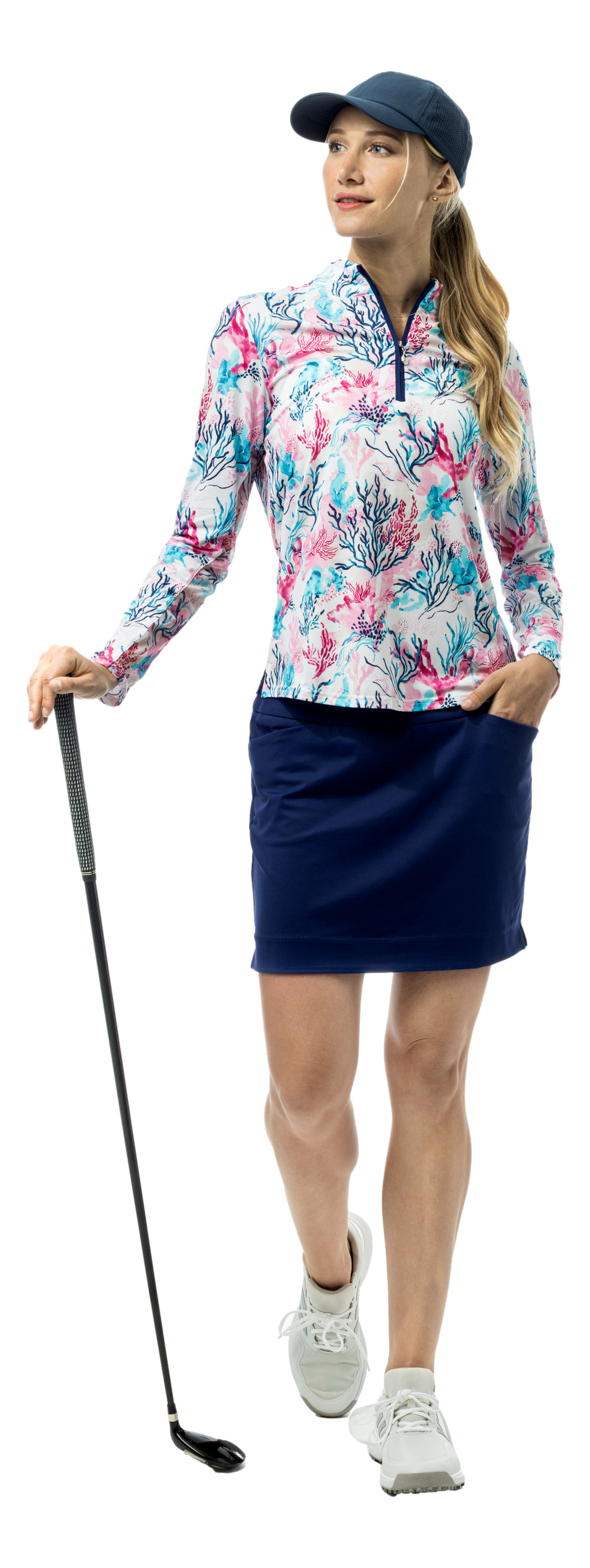 SanSoleil SOLCOOL 1/4 zip mock long sleeve shirt in Grotto print, lightweight performance fabric with vibrant pattern.