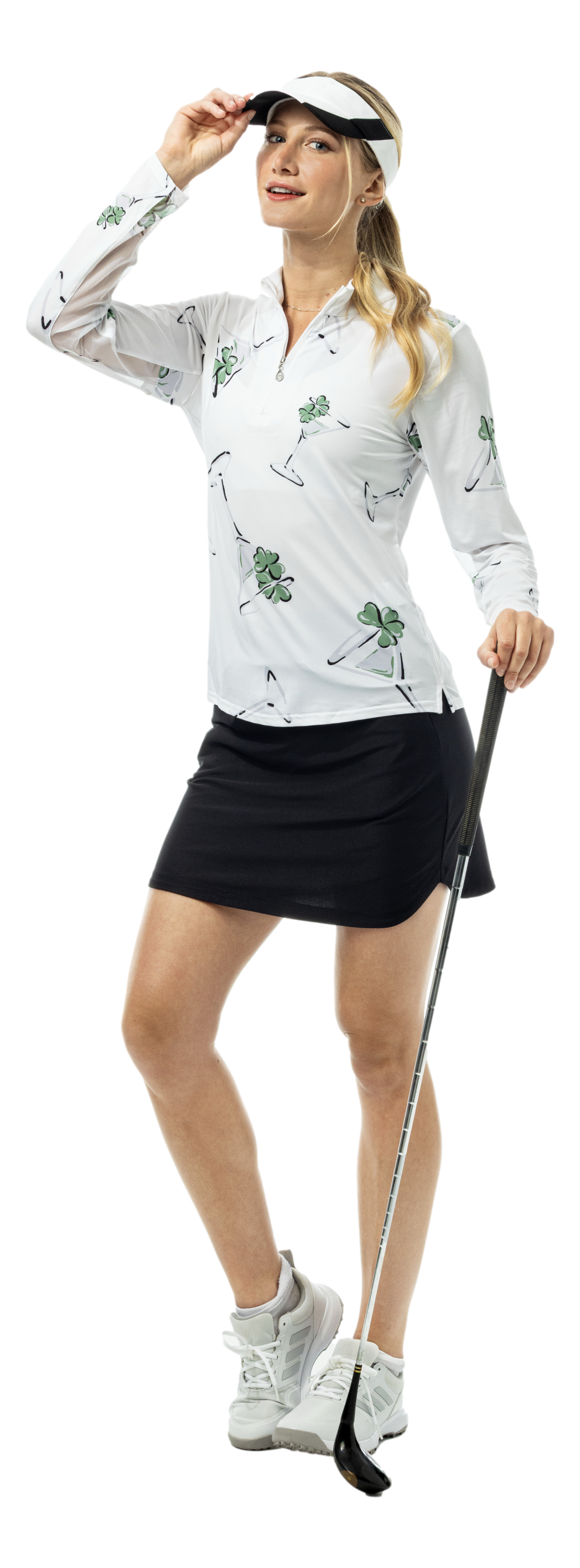 SanSoleil SOLCOOL 1/4 zip mock long sleeve shirt with LuckyTini print, lightweight and breathable fabric for active wear.