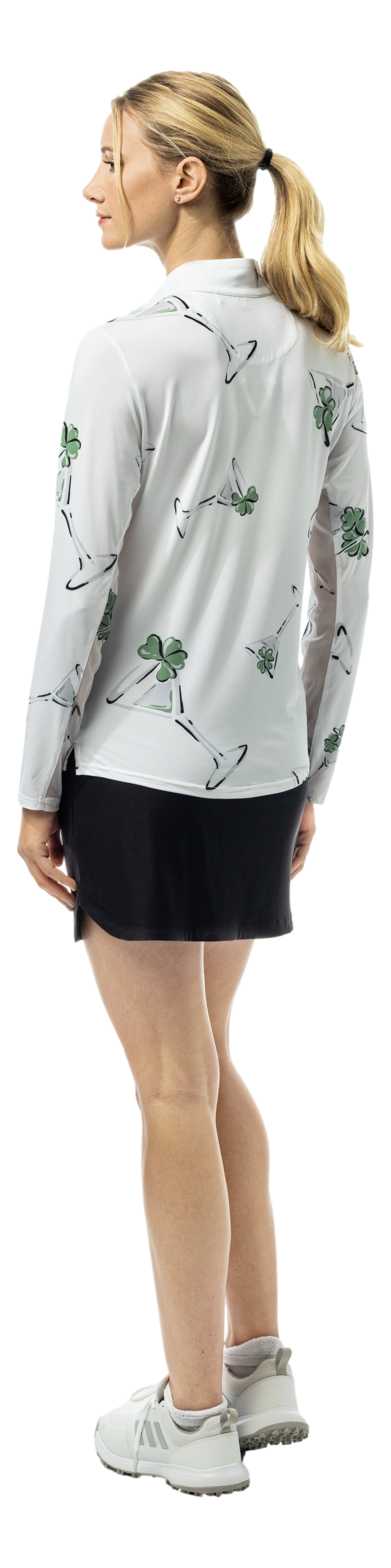 SanSoleil SOLCOOL 1/4 zip mock long sleeve shirt with LuckyTini print, lightweight and comfortable for casual wear.