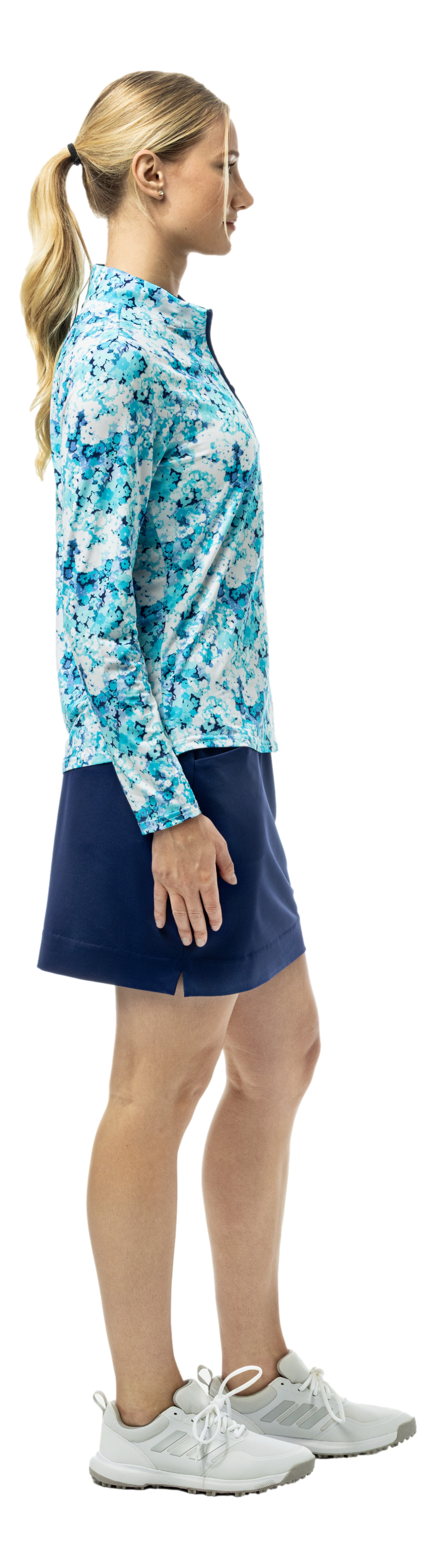 SanSoleil SOLCOOL 1/4 zip mock shirt with Southern Belle blue print, long sleeve, moisture-wicking fabric, casual athletic style.