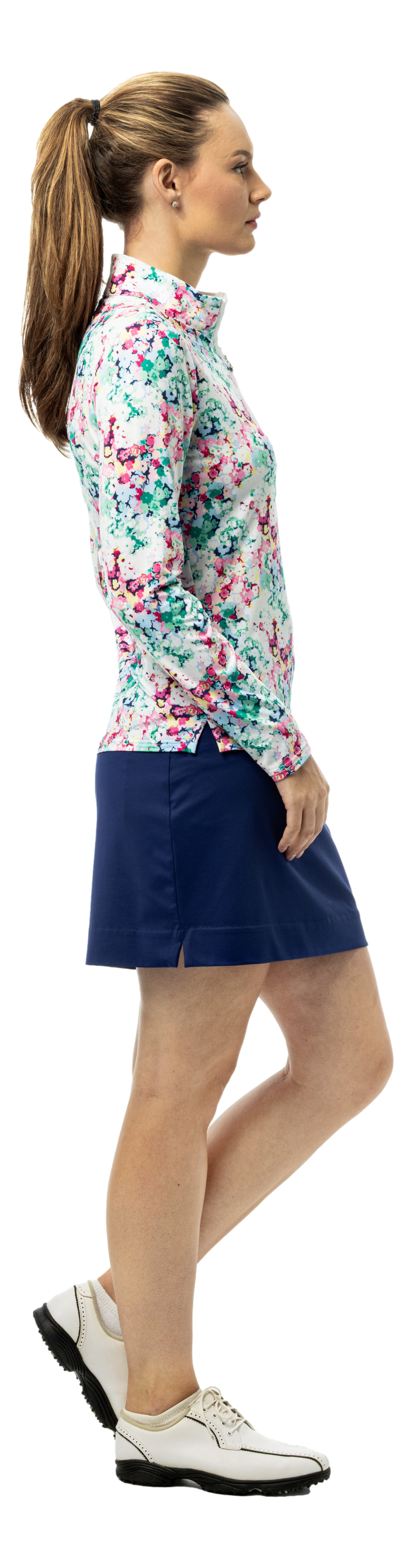 SanSoleil SOLCOOL 1/4 zip mock long sleeve shirt with Southern Belle multi print, lightweight and breathable fabric.