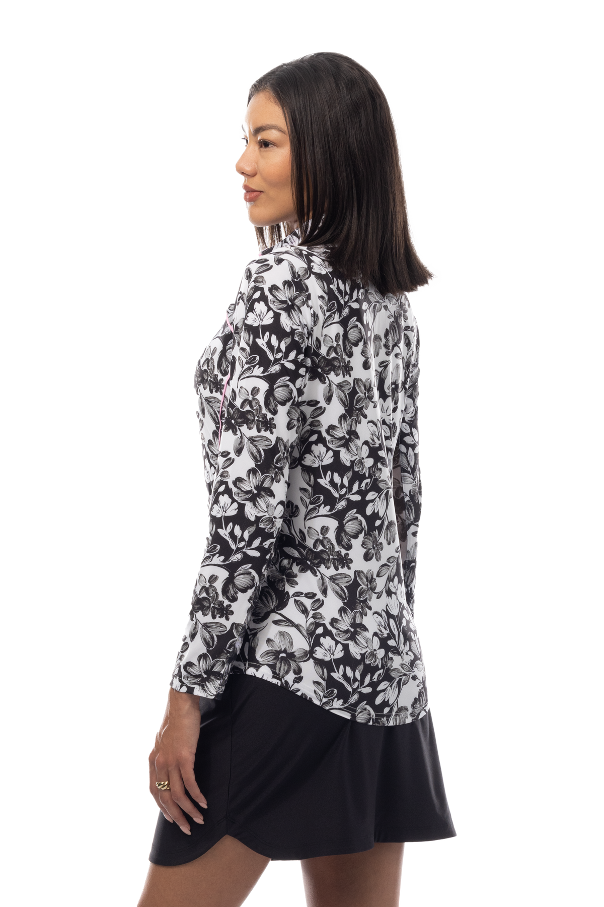 SANSOLEIL 1/4 ZIP MOCK WITH PIPING. JARDIN. BLACK-BALLET PINK. 900445P - SanSoleil