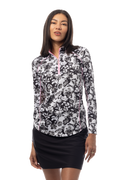 SANSOLEIL 1/4 ZIP MOCK WITH PIPING. JARDIN. BLACK-BALLET PINK. 900445P - SanSoleil