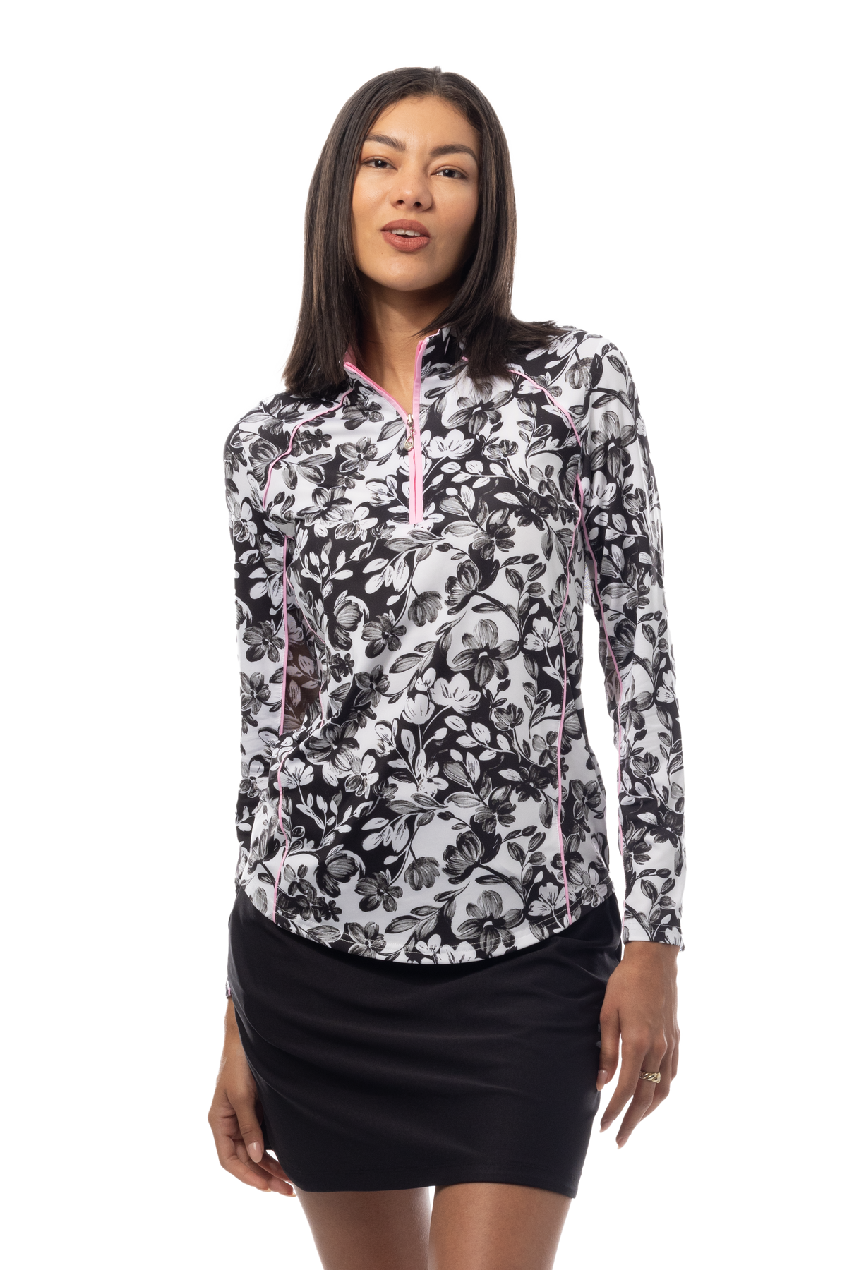 SANSOLEIL 1/4 ZIP MOCK WITH PIPING. JARDIN. BLACK-BALLET PINK. 900445P - SanSoleil