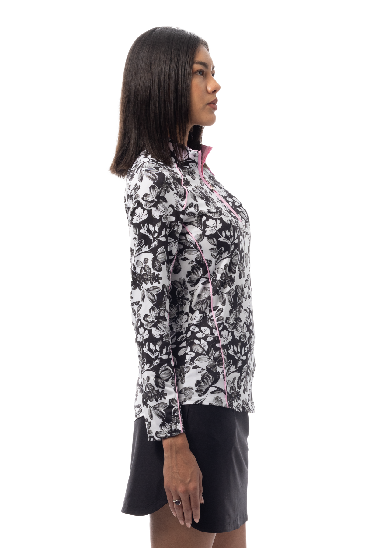 SANSOLEIL 1/4 ZIP MOCK WITH PIPING. JARDIN. BLACK-BALLET PINK. 900445P - SanSoleil