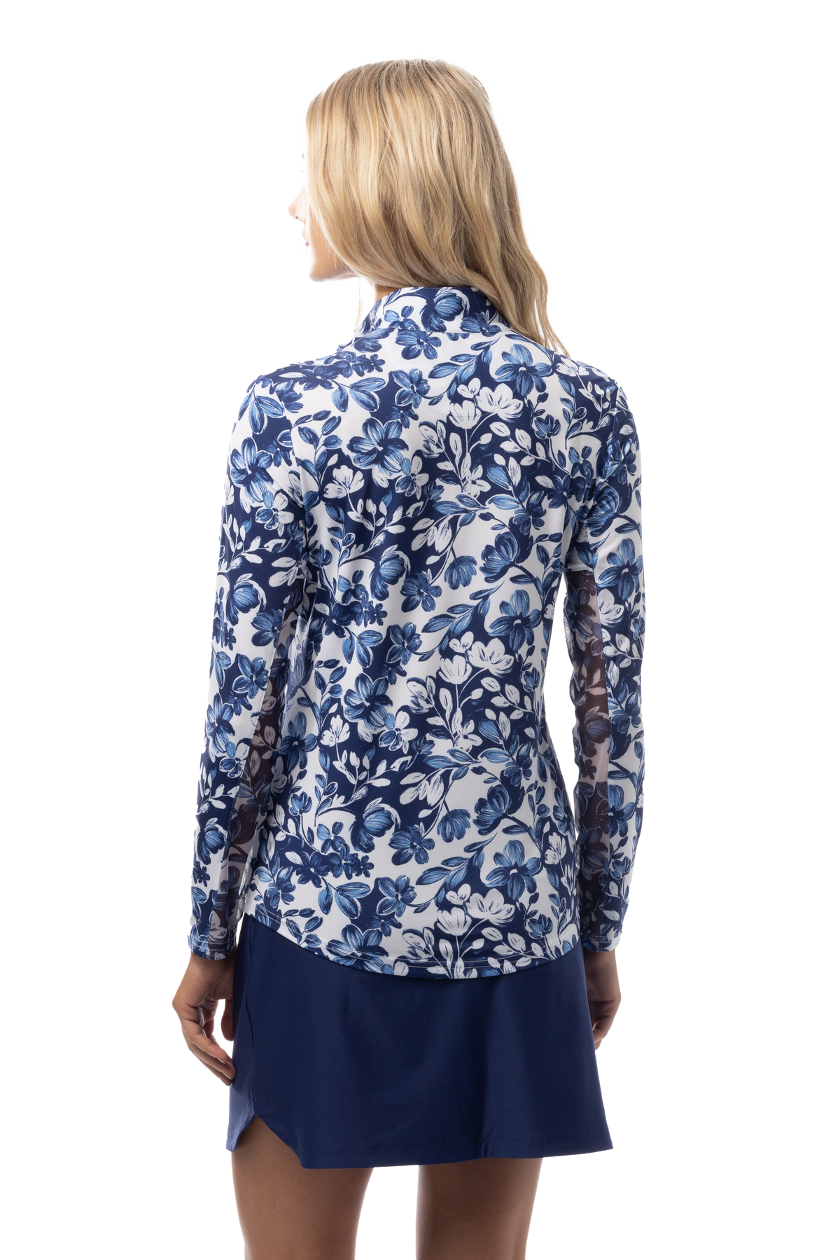 SANSOLEIL 1/4 ZIP MOCK WITH PIPING. JARDIN. CORNFLOWER-NAVY. 900445P - SanSoleil