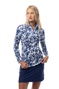 SANSOLEIL 1/4 ZIP MOCK WITH PIPING. JARDIN. CORNFLOWER-NAVY. 900445P - SanSoleil