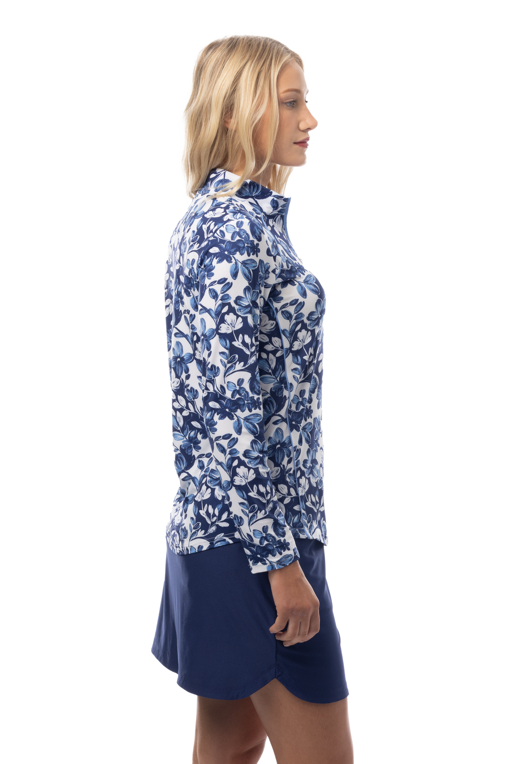 SANSOLEIL 1/4 ZIP MOCK WITH PIPING. JARDIN. CORNFLOWER-NAVY. 900445P - SanSoleil