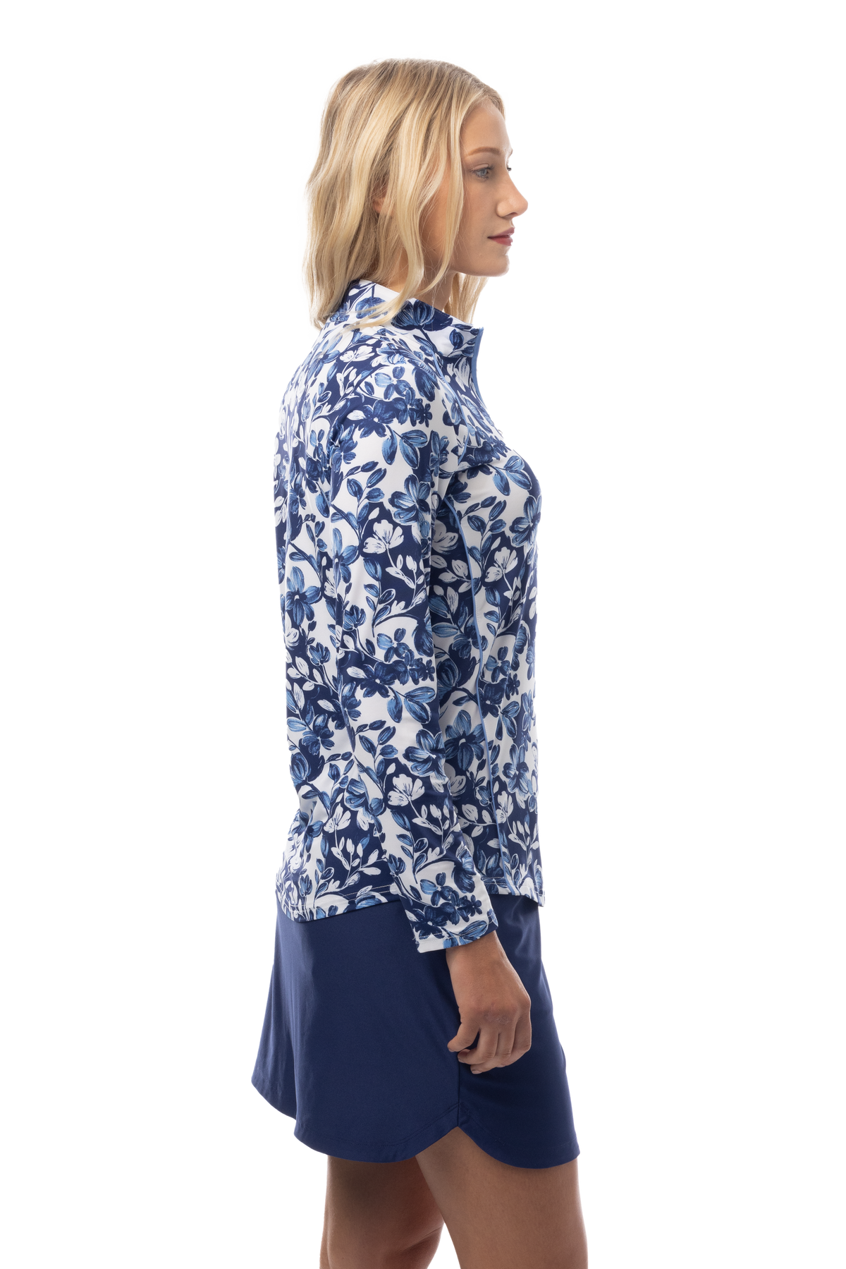 SANSOLEIL 1/4 ZIP MOCK WITH PIPING. JARDIN. CORNFLOWER-NAVY. 900445P - SanSoleil