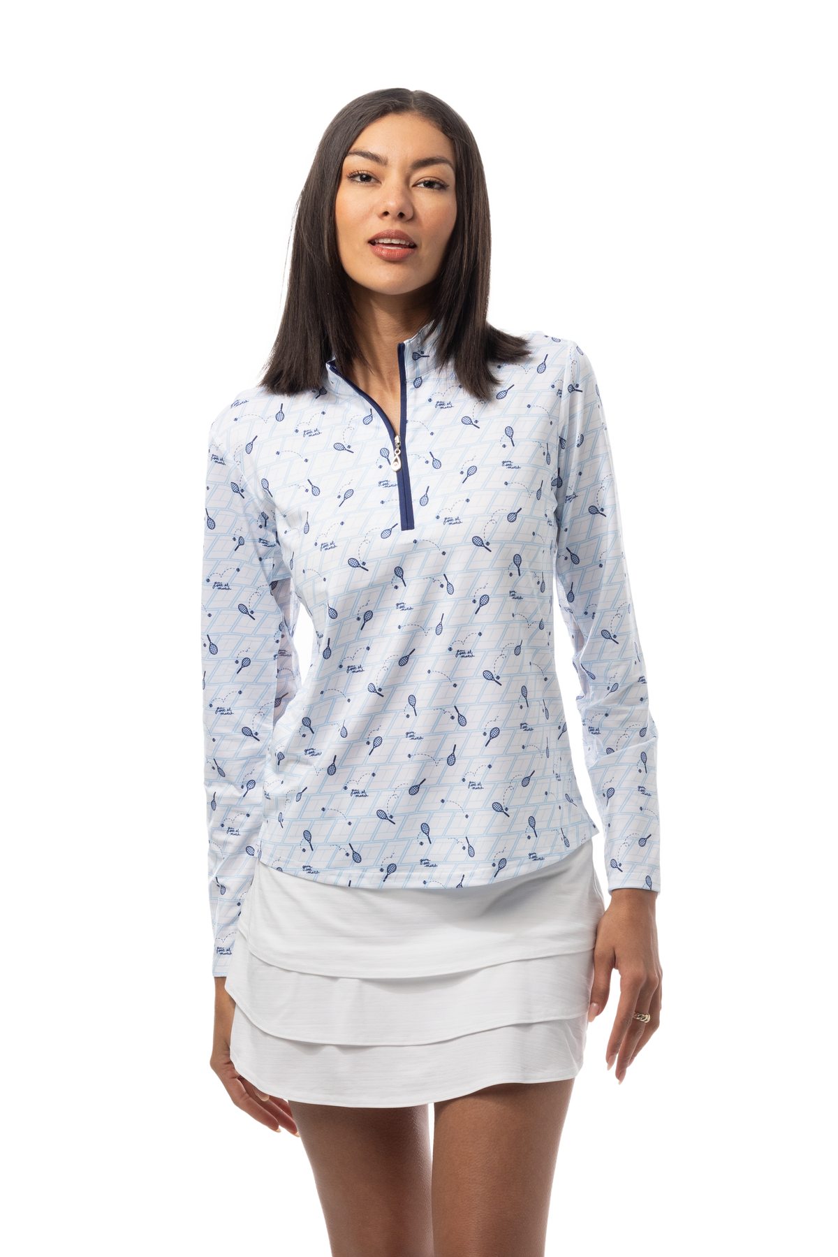 SANSOLEIL SOLCOOL PRINT 1/4 ZIP MOCK. GAME SET MATCH BLUE. 900463 - SanSoleil