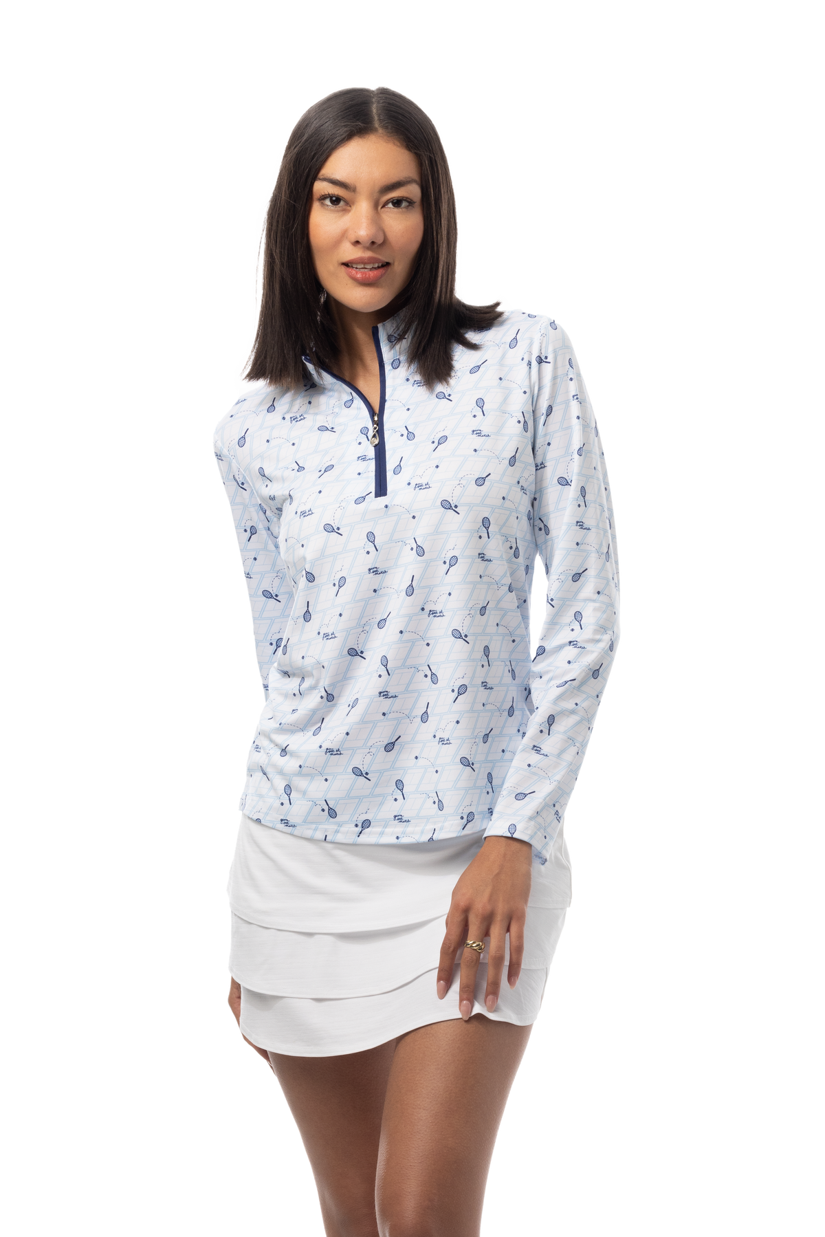 SANSOLEIL SOLCOOL PRINT 1/4 ZIP MOCK. GAME SET MATCH BLUE. 900463 - SanSoleil