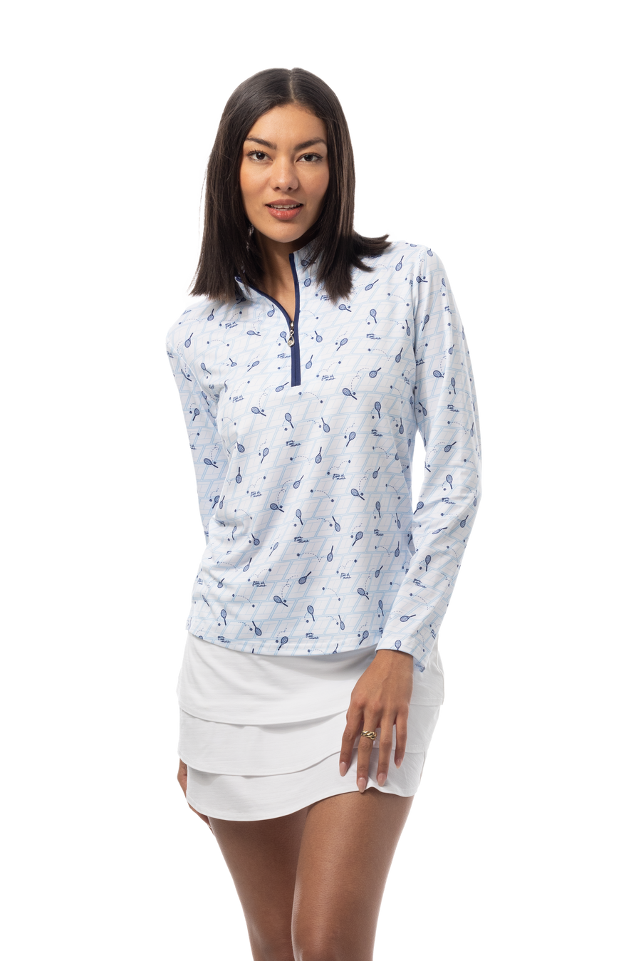 SANSOLEIL SOLCOOL PRINT 1/4 ZIP MOCK. GAME SET MATCH BLUE. 900463 - SanSoleil