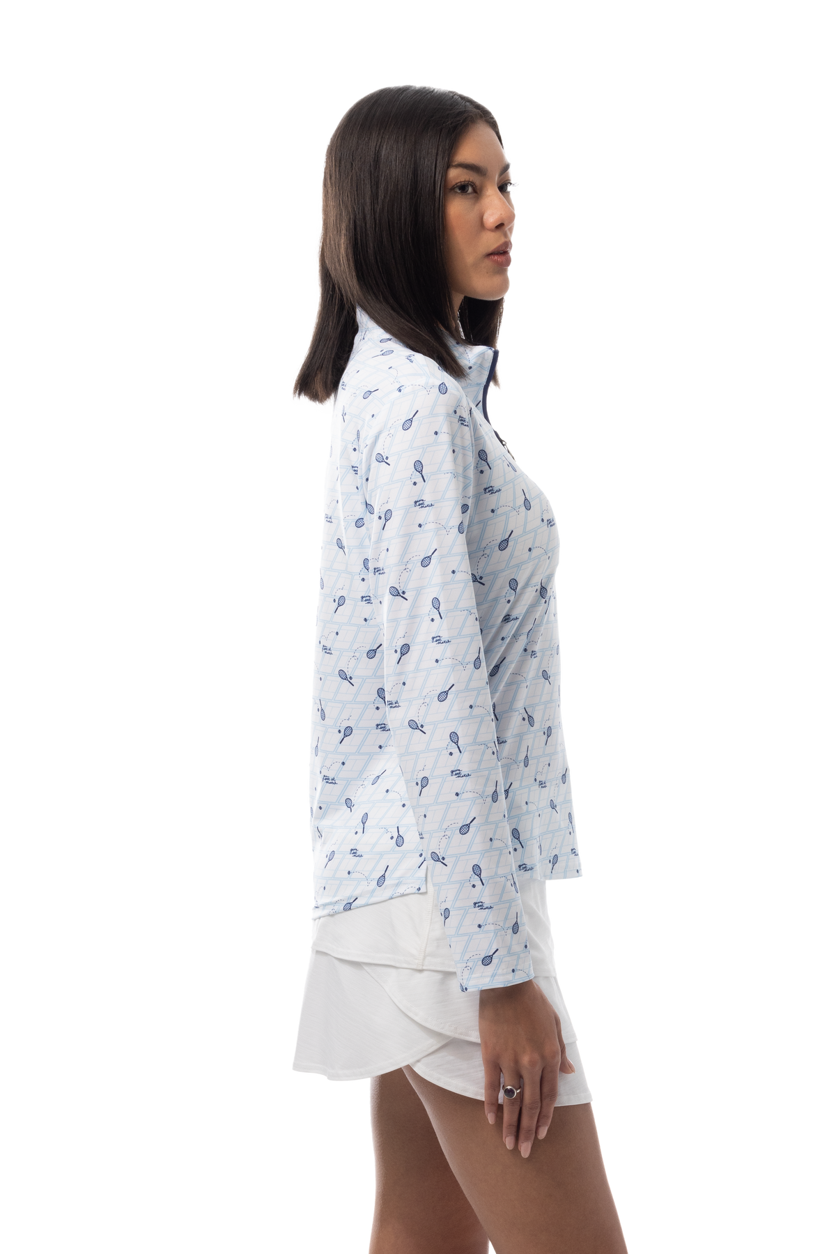 SANSOLEIL SOLCOOL PRINT 1/4 ZIP MOCK. GAME SET MATCH BLUE. 900463 - SanSoleil