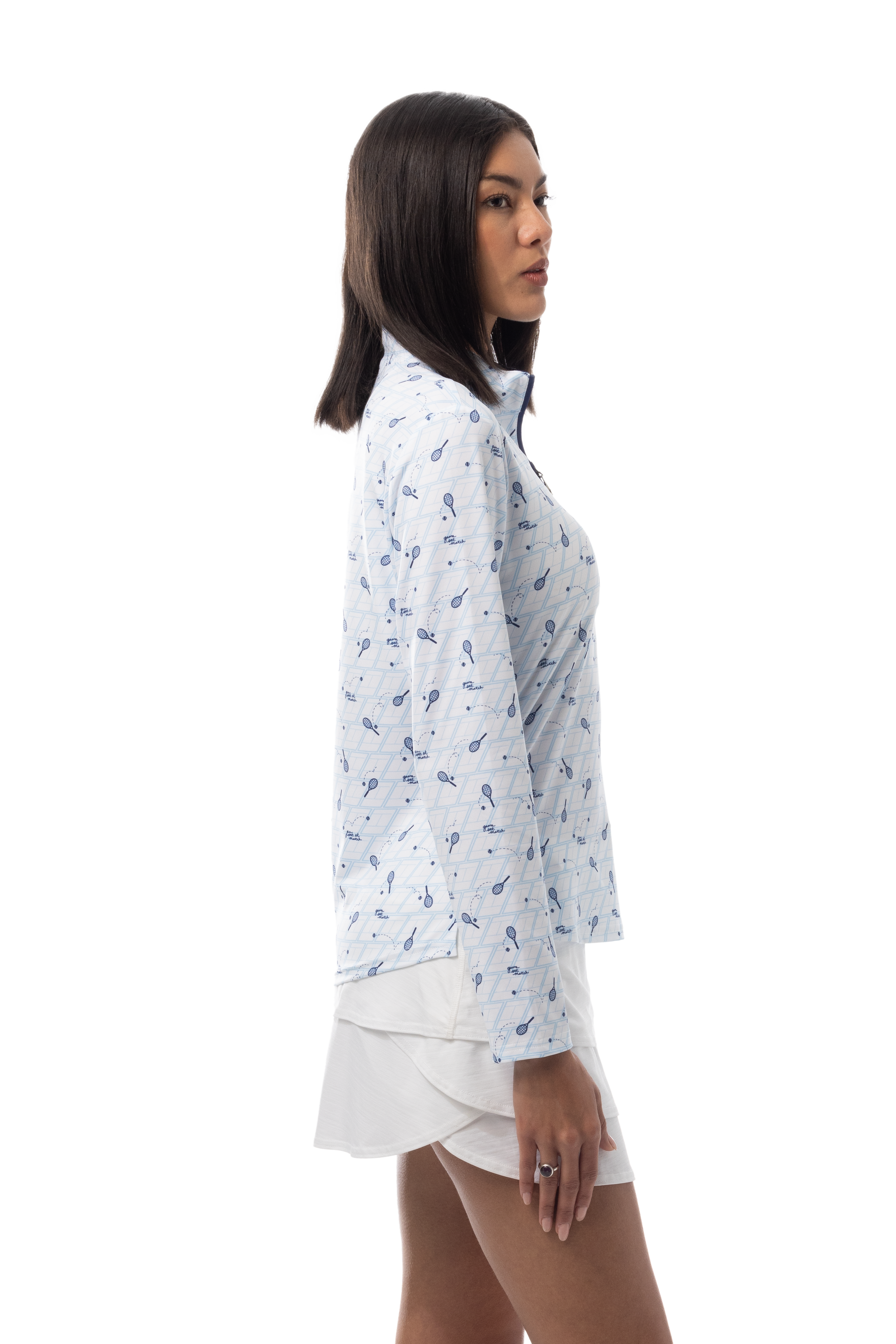 SANSOLEIL SOLCOOL PRINT 1/4 ZIP MOCK. GAME SET MATCH BLUE. 900463 - SanSoleil