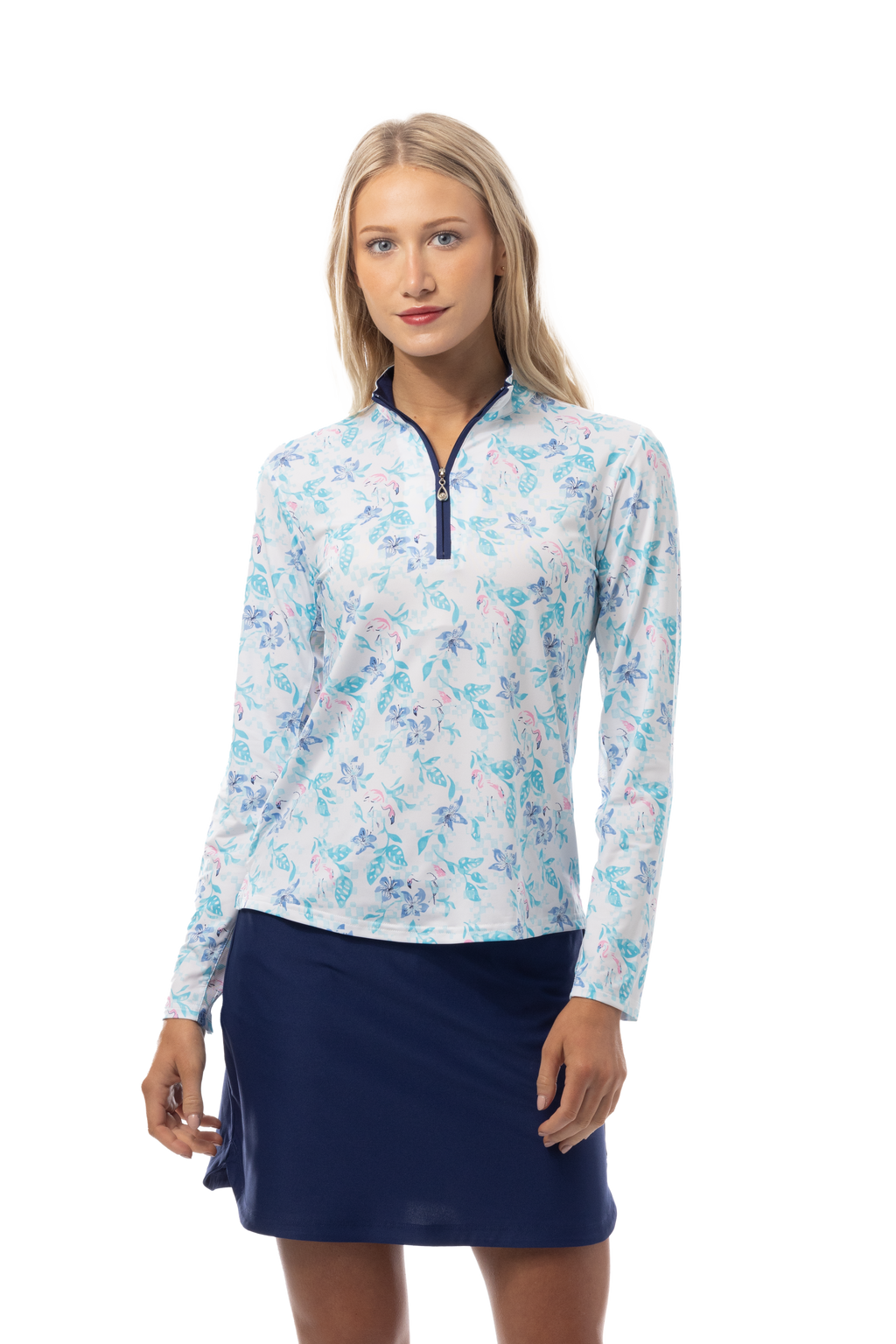 SANSOLEIL'S SOLCOOL 1/4 ZIP MOCK. FLAMINGO GARDEN. 900463 - SanSoleil