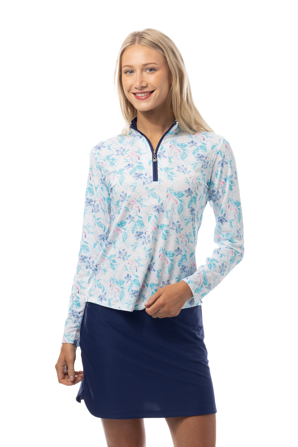 SANSOLEIL'S SOLCOOL 1/4 ZIP MOCK. FLAMINGO GARDEN. 900463 - SanSoleil