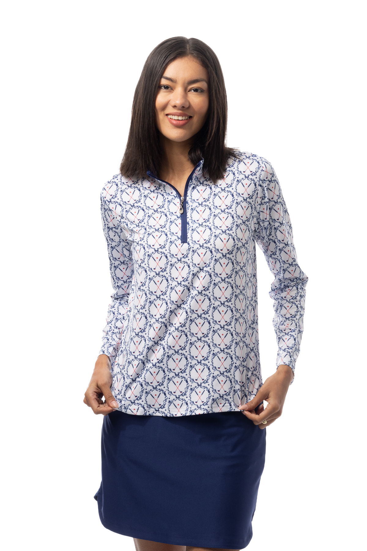 SANSOLEIL'S SOLCOOL 1/4 ZIP MOCK. GOLF CREST. NAVY RED. 900463 - SanSoleil