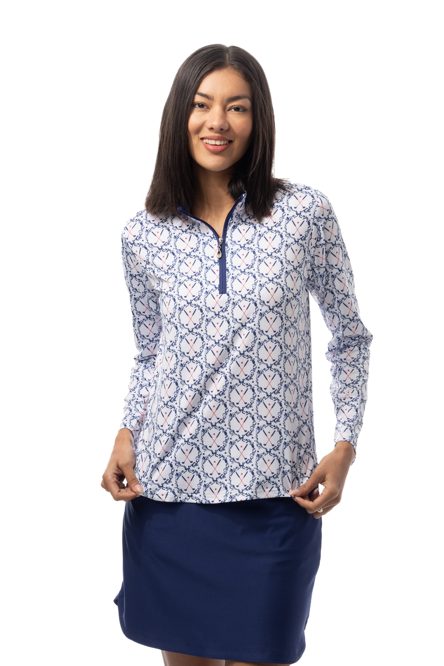 SANSOLEIL'S SOLCOOL 1/4 ZIP MOCK. GOLF CREST. NAVY RED. 900463 - SanSoleil
