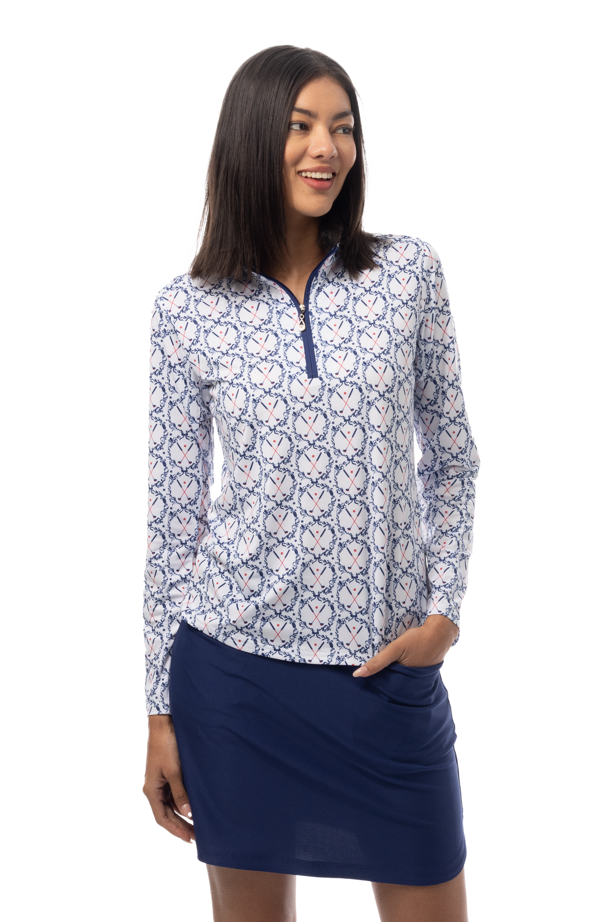 SANSOLEIL'S SOLCOOL 1/4 ZIP MOCK. GOLF CREST. NAVY RED. 900463 - SanSoleil