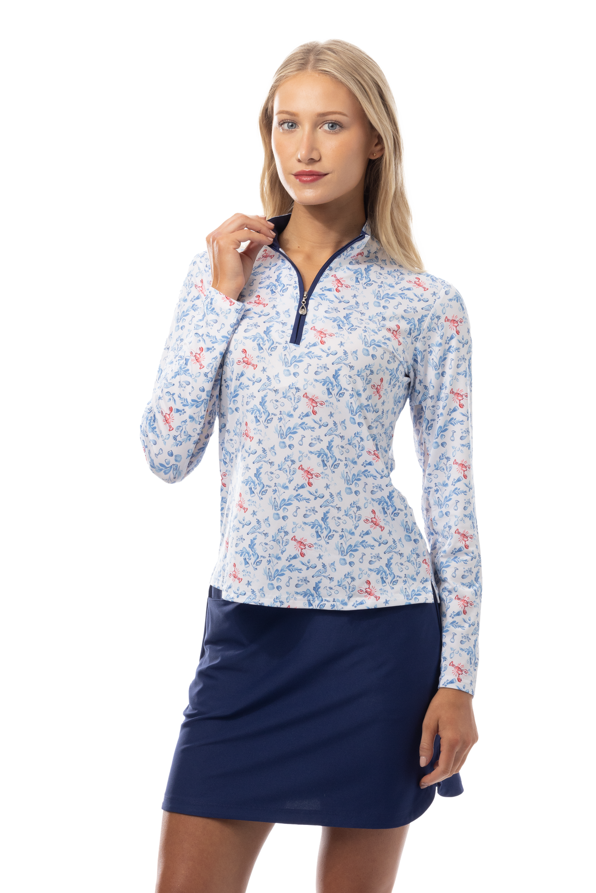 SANSOLEIL SOLCOOL PRINT 1/4 ZIP MOCK. LOBSTER POT. 900463 - SanSoleil