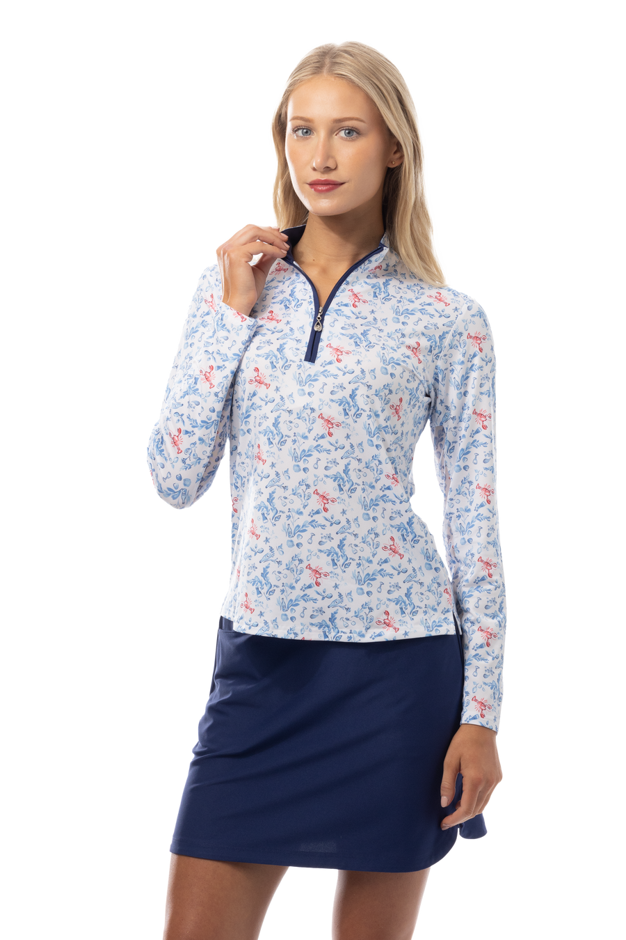 SANSOLEIL SOLCOOL PRINT 1/4 ZIP MOCK. LOBSTER POT. 900463 - SanSoleil
