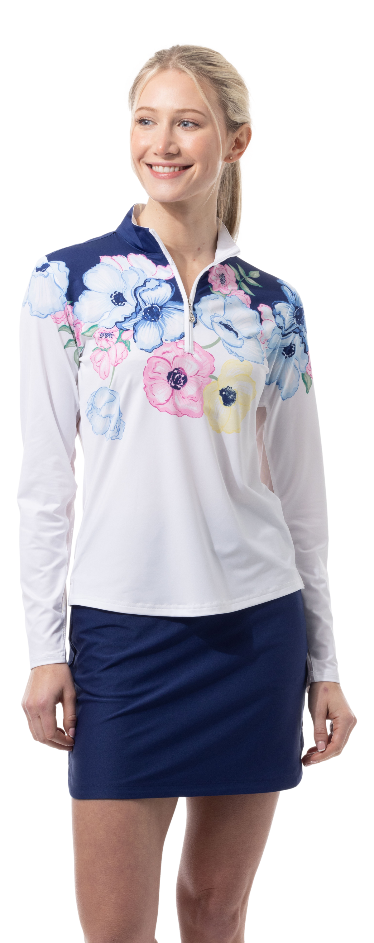 SOLCOOL 1/4 ZIP MOCK. POPPY PATCH. BLUE. 900463 - SanSoleil