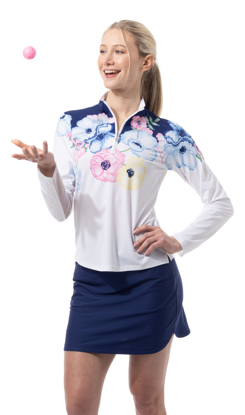 SOLCOOL 1/4 ZIP MOCK. POPPY PATCH. BLUE. 900463 - SanSoleil
