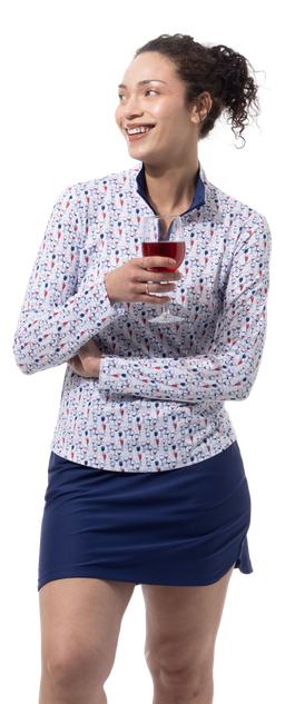 SANSOLEIL'S SOLCOOL 1/4 ZIP MOCK. RED WINE AND BLUE. 900463 - SanSoleil