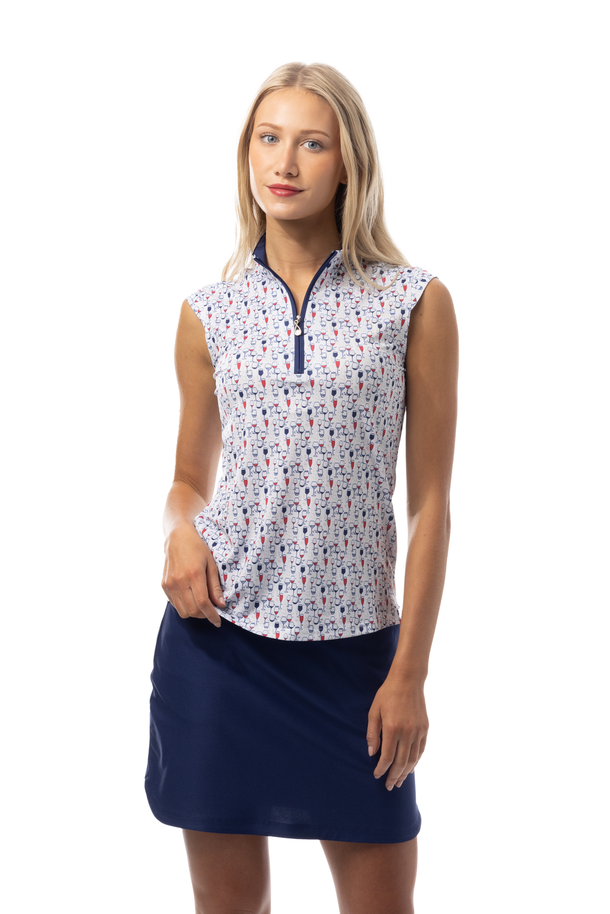 SANSOLEIL 1/4 ZIP SLEEVELESS MOCK. RED WINE BLUE. 900471 - SanSoleil