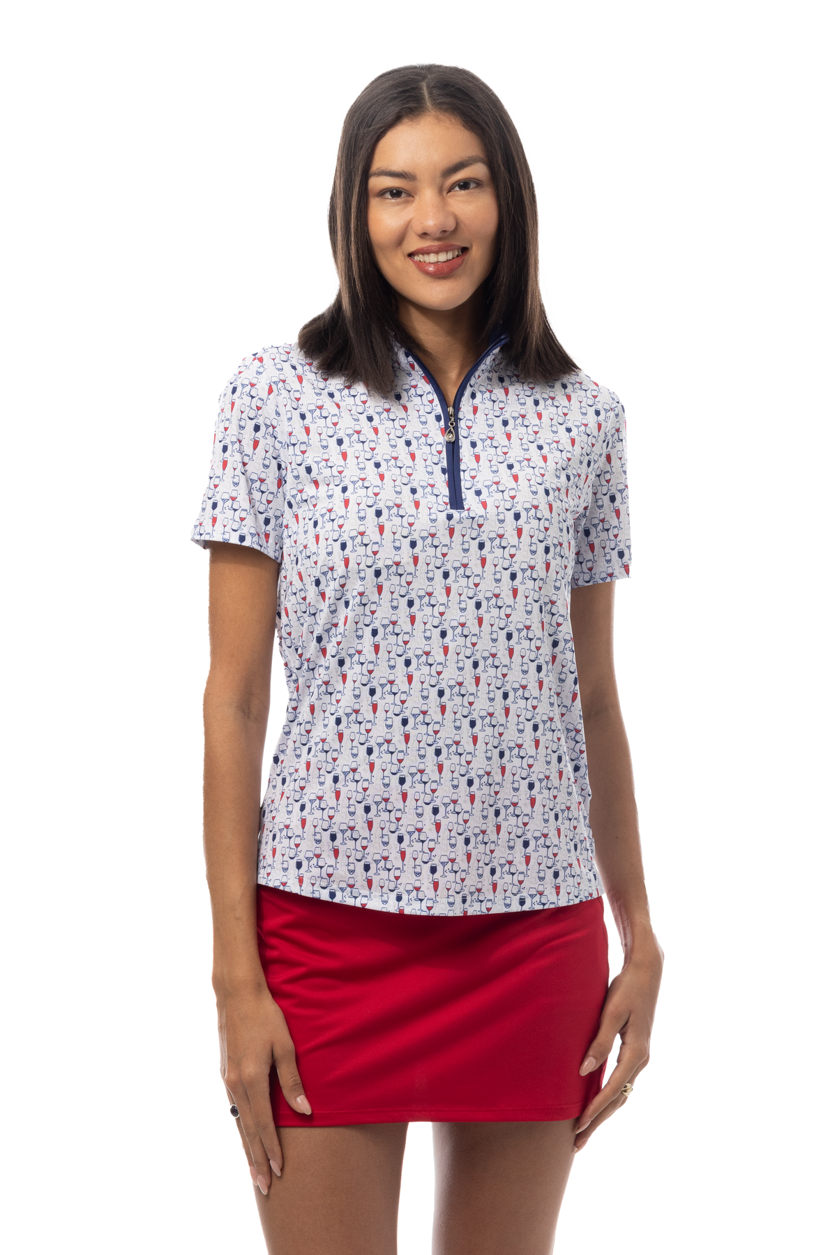 SANSOLEIL 1/4 ZIP SHORT SLEEVE MOCK . RED WINE AND BLUE. 900478 - SanSoleil
