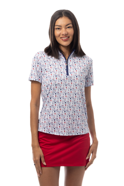 SANSOLEIL 1/4 ZIP SHORT SLEEVE MOCK . RED WINE AND BLUE. 900478 - SanSoleil