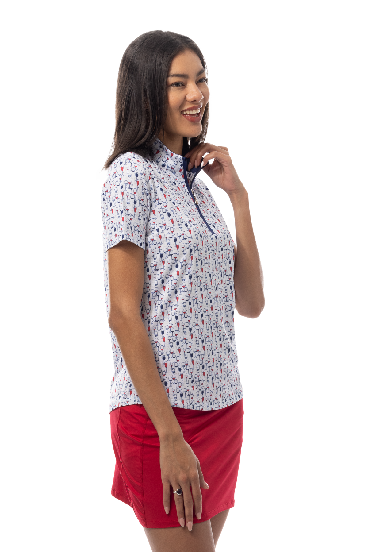 SANSOLEIL 1/4 ZIP SHORT SLEEVE MOCK . RED WINE AND BLUE. 900478 - SanSoleil