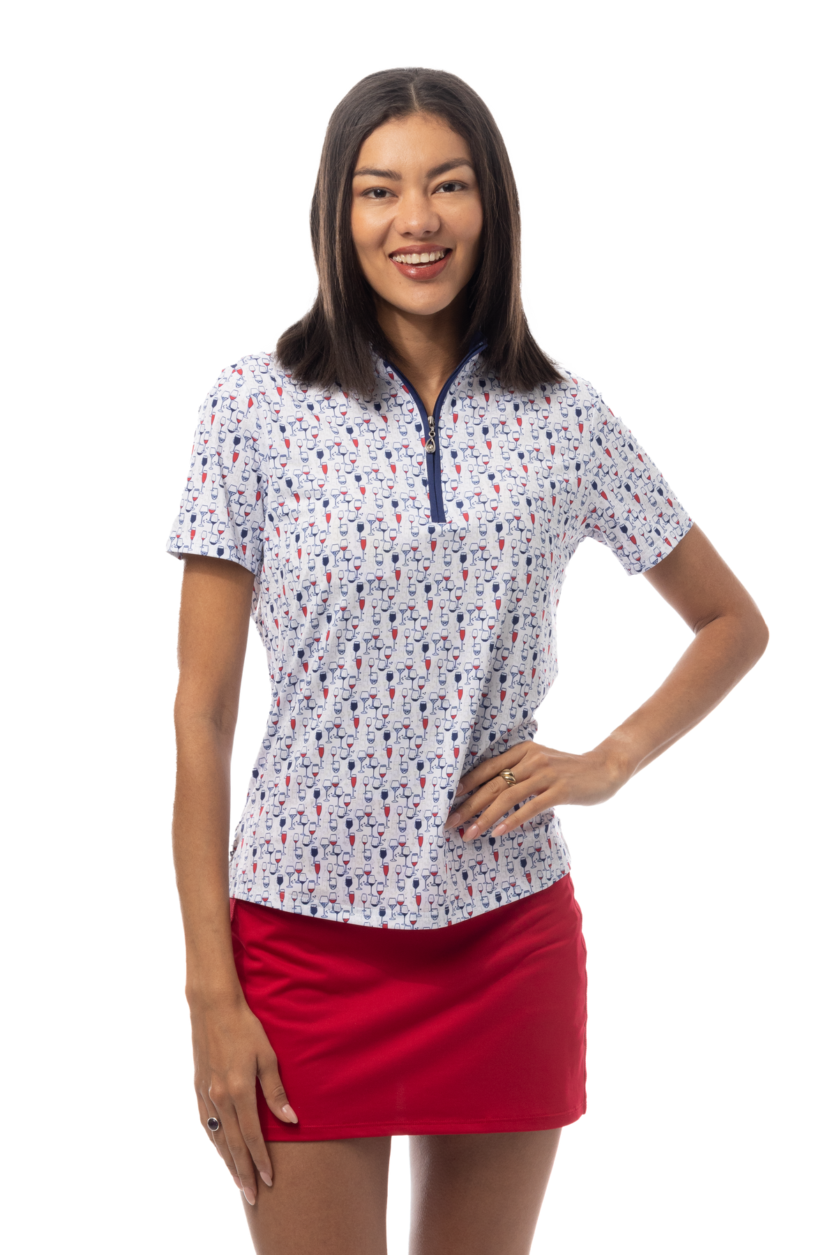 SANSOLEIL 1/4 ZIP SHORT SLEEVE MOCK . RED WINE AND BLUE. 900478 - SanSoleil