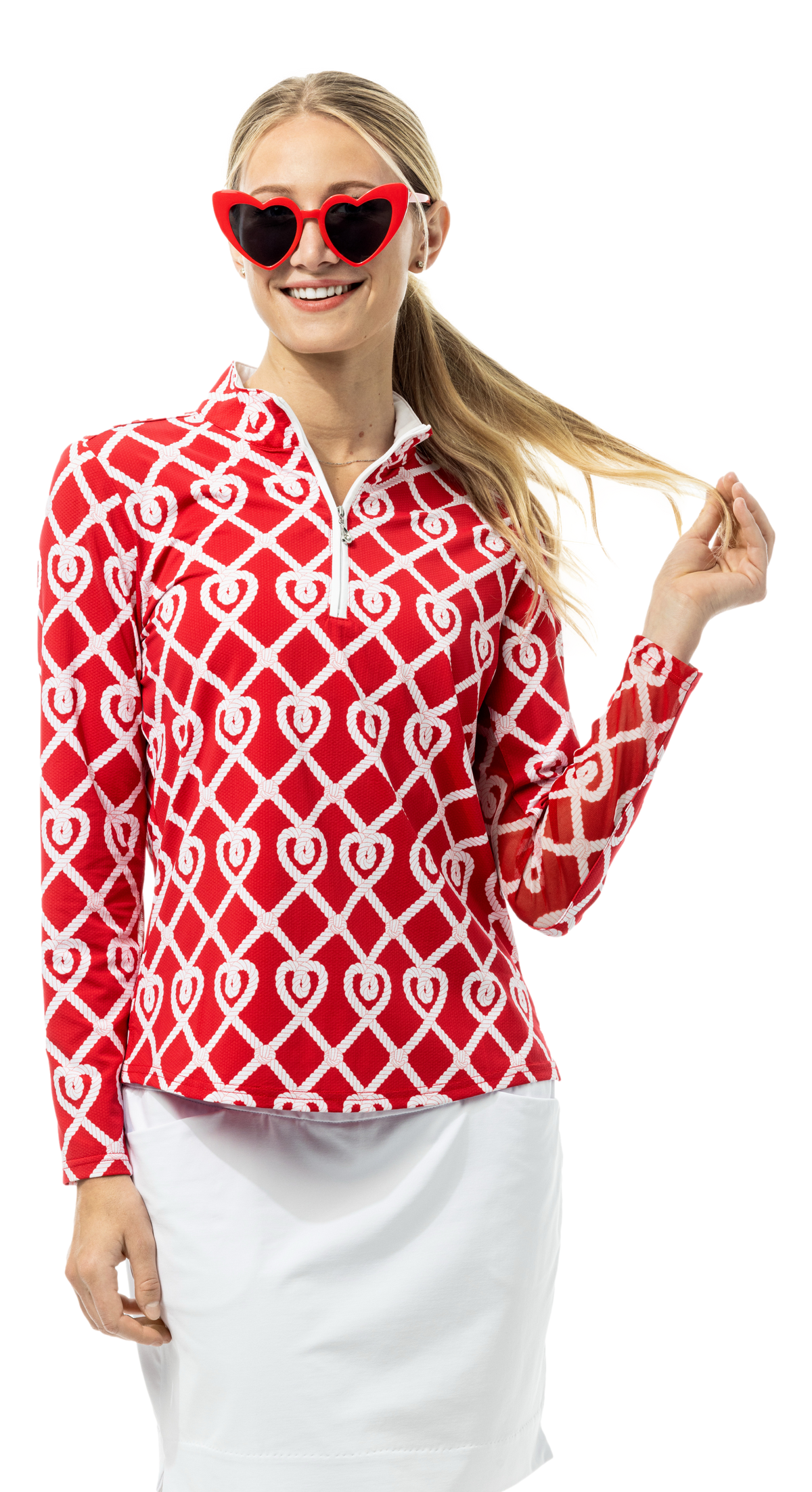 SanSoleil SOLTEK LUX long sleeve print shirt featuring an anchored red design with logo details.
