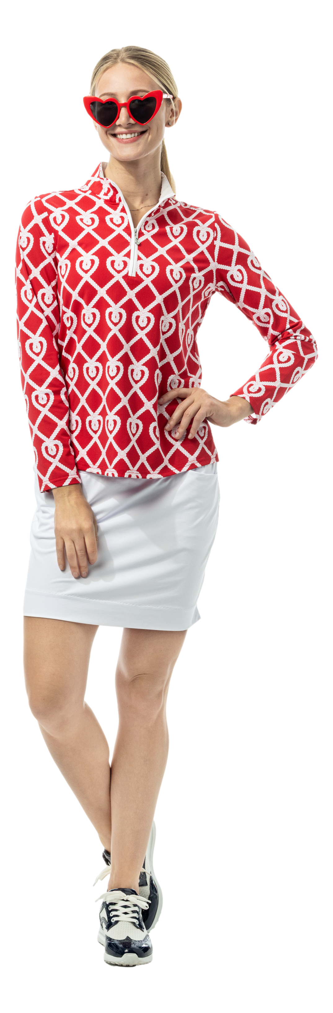 SanSoleil SOLTEK LUX long sleeve print shirt with anchor design in red, featuring a comfortable mock neck style.