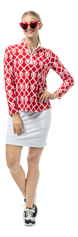 SanSoleil SOLTEK LUX long sleeve print shirt with anchor design in red, featuring a comfortable mock neck style.